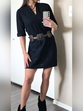 Black 100% Linen Shirt Dress Size12 Minimalist Button Front Tunic Summer Capsule